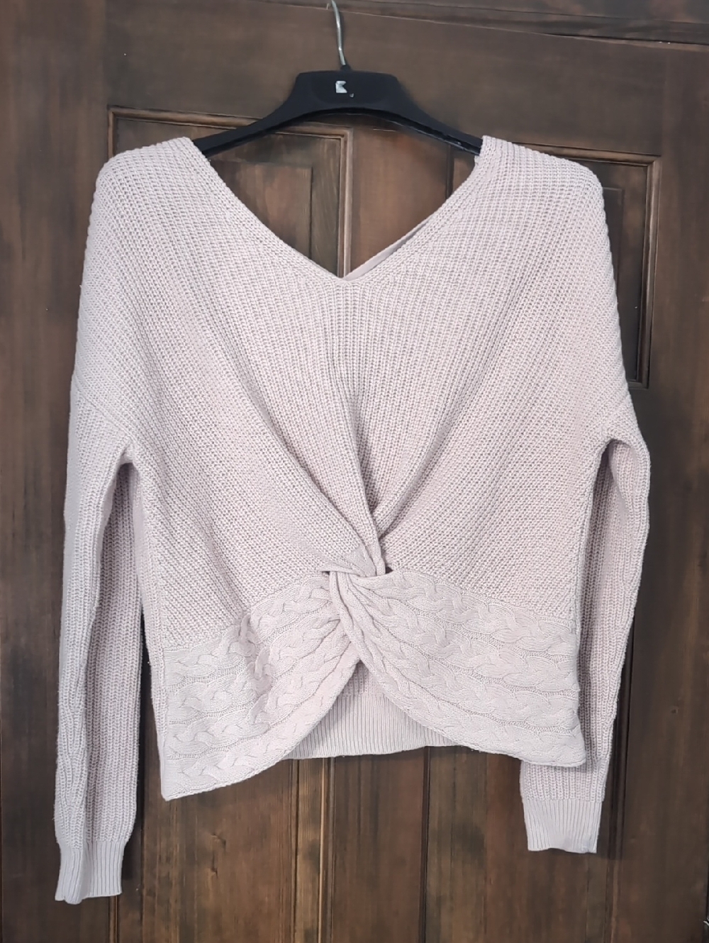 Express Light Pink V-Neck Twist-Front Sweater